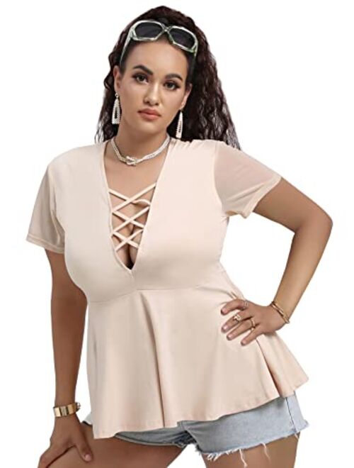 SOLY HUX Women's Plus Size Sexy Criss Cross V Neck Short Sleeve Babydoll Peplum Top Blouse Shirts