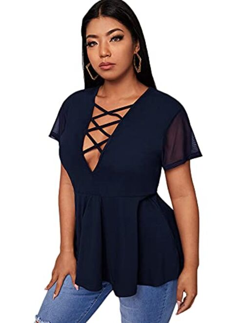 SOLY HUX Women's Plus Size Sexy Criss Cross V Neck Short Sleeve Babydoll Peplum Top Blouse Shirts