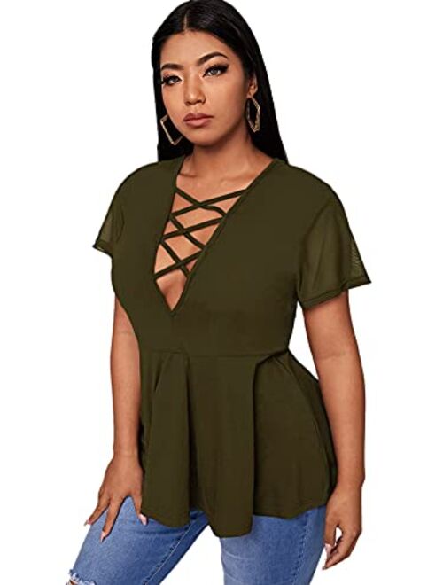 SOLY HUX Women's Plus Size Sexy Criss Cross V Neck Short Sleeve Babydoll Peplum Top Blouse Shirts