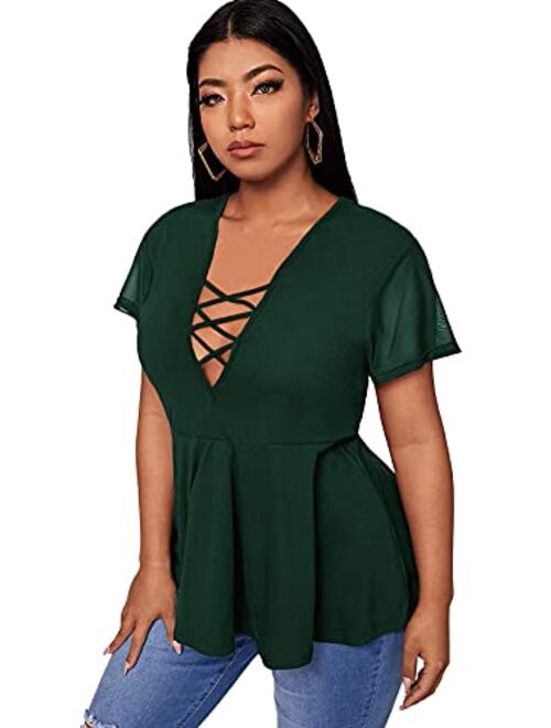 SOLY HUX Women's Plus Size Sexy Criss Cross V Neck Short Sleeve Babydoll Peplum Top Blouse Shirts