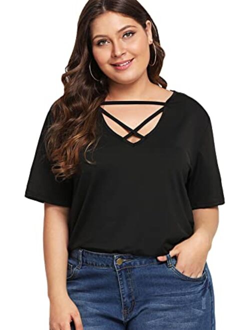 SOLY HUX Women's Plus Size Sexy Criss Cross V Neck Short Sleeve Babydoll Peplum Top Blouse Shirts