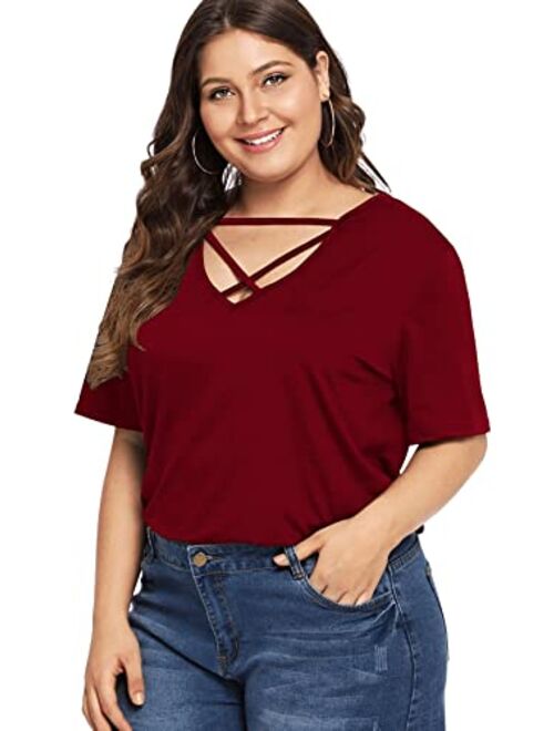 SOLY HUX Women's Plus Size Sexy Criss Cross V Neck Short Sleeve Babydoll Peplum Top Blouse Shirts