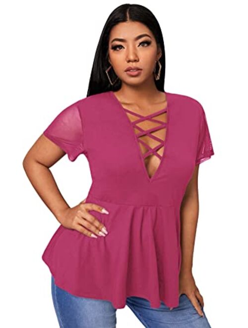 SOLY HUX Women's Plus Size Sexy Criss Cross V Neck Short Sleeve Babydoll Peplum Top Blouse Shirts