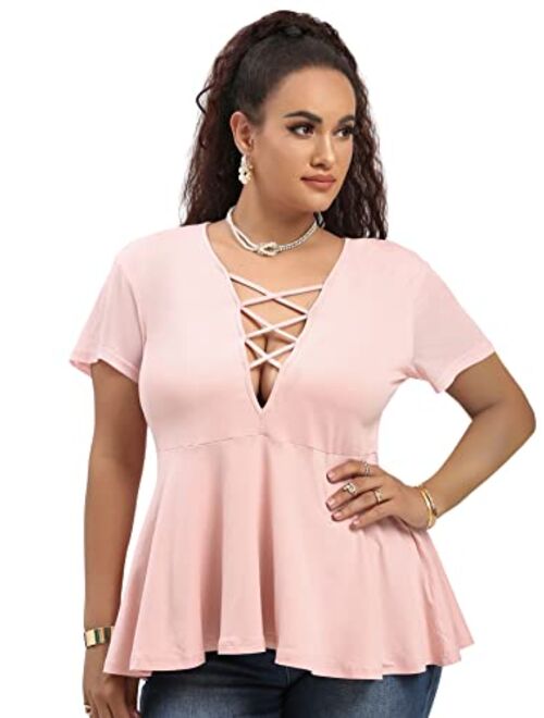 SOLY HUX Women's Plus Size Sexy Criss Cross V Neck Short Sleeve Babydoll Peplum Top Blouse Shirts