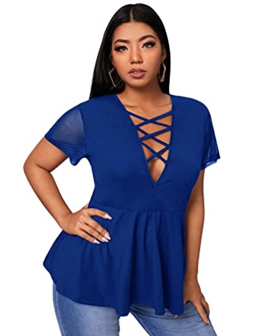 SOLY HUX Women's Plus Size Sexy Criss Cross V Neck Short Sleeve Babydoll Peplum Top Blouse Shirts