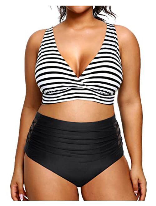 Yonique Womens Plus Size Bikini High Waisted Swimsuits Two Piece Bathing Suits Tummy Control Swimwear