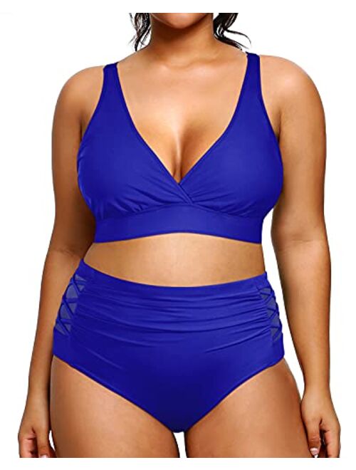 Yonique Womens Plus Size Bikini High Waisted Swimsuits Two Piece Bathing Suits Tummy Control Swimwear