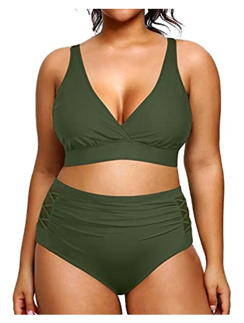 Yonique Womens Plus Size Bikini High Waisted Swimsuits Two Piece Bathing Suits Tummy Control Swimwear