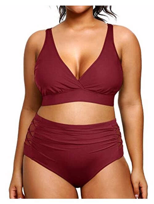 Yonique Womens Plus Size Bikini High Waisted Swimsuits Two Piece Bathing Suits Tummy Control Swimwear