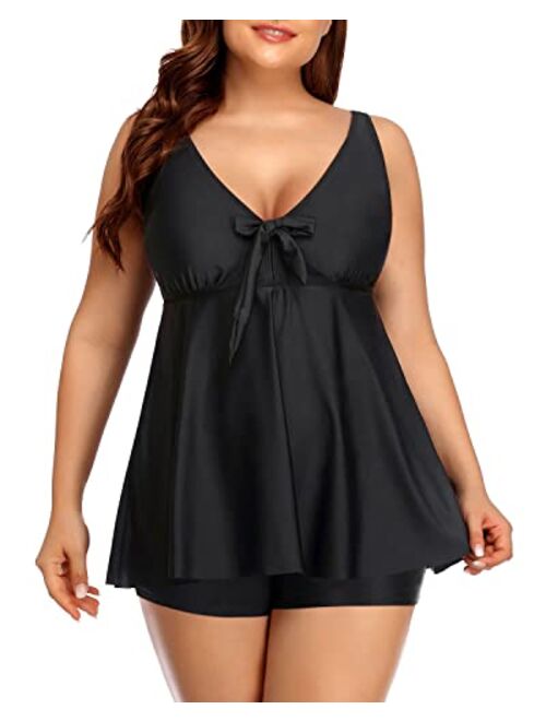 Yonique Plus Size Tankini Swimsuits for Women Flowy Bathing Suits with Shorts 2 Piece V Neck Swimwear