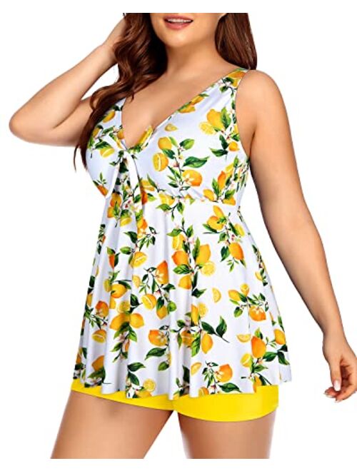 Yonique Plus Size Tankini Swimsuits for Women Flowy Bathing Suits with Shorts 2 Piece V Neck Swimwear