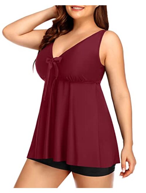 Yonique Plus Size Tankini Swimsuits for Women Flowy Bathing Suits with Shorts 2 Piece V Neck Swimwear