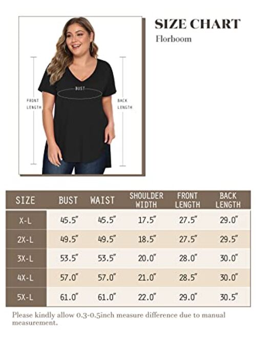 Florboom Plus Size Womens Clothes Long/Short Sleeve V Neck Tops Casual Loose Fit Basics High Low T Shirts