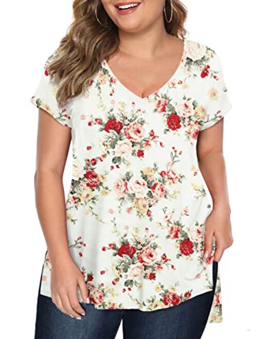 Florboom Plus Size Womens Clothes Long/Short Sleeve V Neck Tops Casual Loose Fit Basics High Low T Shirts