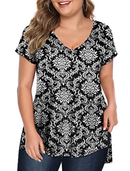 Florboom Plus Size Womens Clothes Long/Short Sleeve V Neck Tops Casual Loose Fit Basics High Low T Shirts