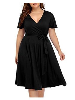 Pinup Fashion Women‘s Plus Size Faux Wrap V Neck Short Sleeve Midi Wedding Guest Party Casual Dresses