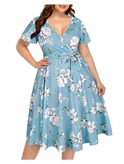 Pinup Fashion Women‘s Plus Size Faux Wrap V Neck Short Sleeve Midi Wedding Guest Party Casual Dresses