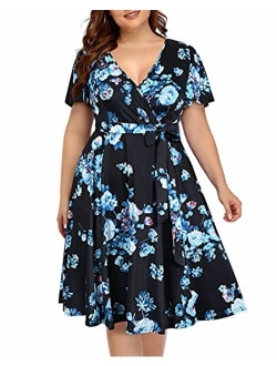 Pinup Fashion Women‘s Plus Size Faux Wrap V Neck Short Sleeve Midi Wedding Guest Party Casual Dresses