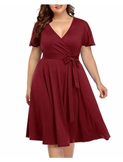 Pinup Fashion Women‘s Plus Size Faux Wrap V Neck Short Sleeve Midi Wedding Guest Party Casual Dresses