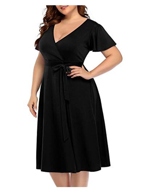 Pinup Fashion Women‘s Plus Size Faux Wrap V Neck Short Sleeve Midi Wedding Guest Party Casual Dresses