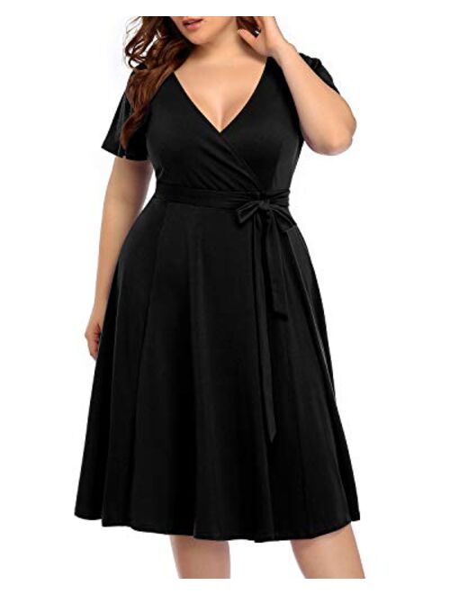 Pinup Fashion Women‘s Plus Size Faux Wrap V Neck Short Sleeve Midi Wedding Guest Party Casual Dresses