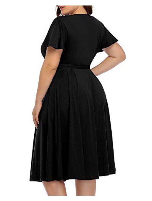 Pinup Fashion Women‘s Plus Size Faux Wrap V Neck Short Sleeve Midi Wedding Guest Party Casual Dresses