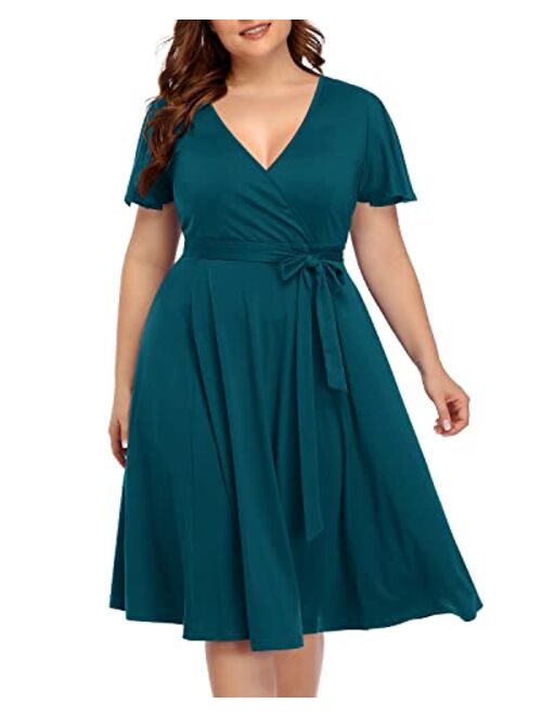 Pinup Fashion Women‘s Plus Size Faux Wrap V Neck Short Sleeve Midi Wedding Guest Party Casual Dresses