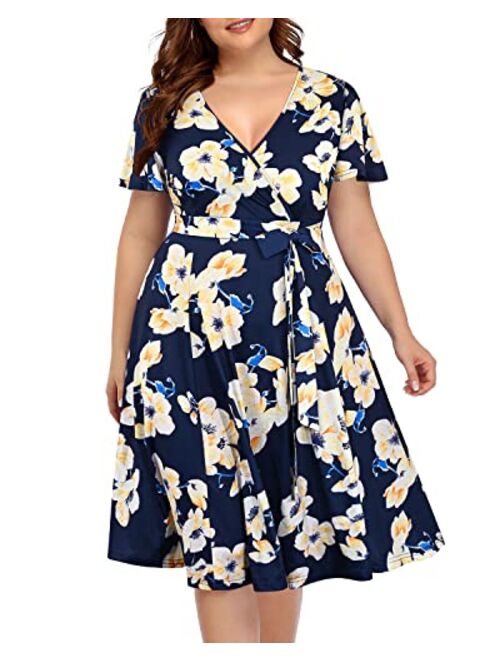 Pinup Fashion Women‘s Plus Size Faux Wrap V Neck Short Sleeve Midi Wedding Guest Party Casual Dresses