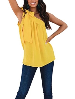 Guteidee Womens One Shoulder Tops Casual Tie Bow Knot Sleeveless Blouse Tunic Shirts