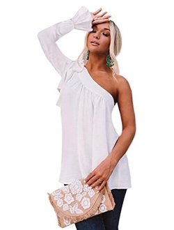 Guteidee Womens One Shoulder Tops Casual Tie Bow Knot Sleeveless Blouse Tunic Shirts