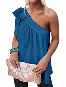 Guteidee Womens One Shoulder Tops Casual Tie Bow Knot Sleeveless Blouse Tunic Shirts