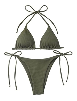 Women's Metallic Halter Top Two Piece Swimsuit Tie Side Triangle Bikini