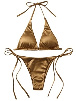 Women's Metallic Halter Top Two Piece Swimsuit Tie Side Triangle Bikini