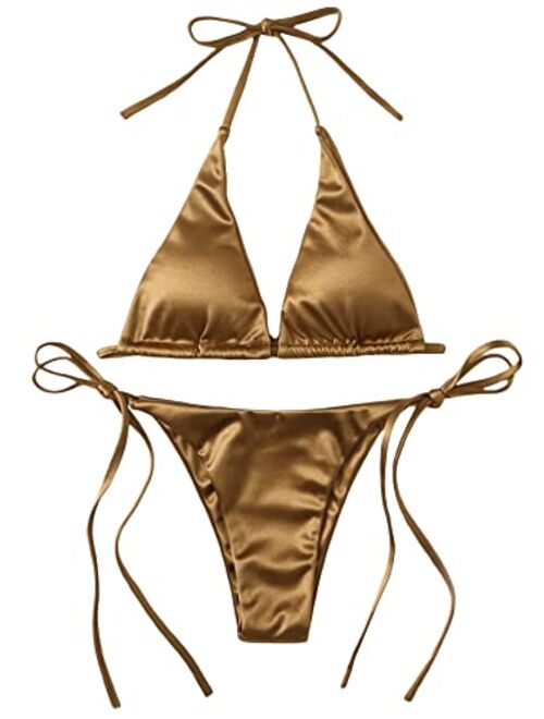 SOLY HUX Women's Metallic Halter Top Two Piece Swimsuit Tie Side Triangle Bikini