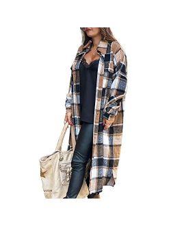 Hixiaohe Women's Casual Wool Blend Plaid Shirt Jacket Loose Button Down Shacket Coat