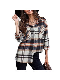 Hixiaohe Women's Casual Wool Blend Plaid Shirt Jacket Loose Button Down Shacket Coat