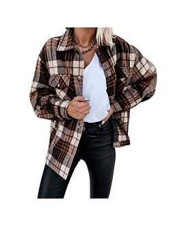 Hixiaohe Women's Casual Wool Blend Plaid Shirt Jacket Loose Button Down Shacket Coat