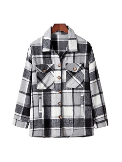 Hixiaohe Women's Casual Wool Blend Plaid Shirt Jacket Loose Button Down Shacket Coat