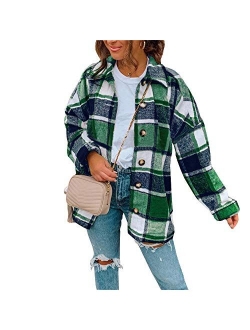 Hixiaohe Women's Casual Wool Blend Plaid Shirt Jacket Loose Button Down Shacket Coat