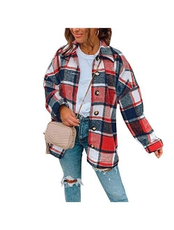 Hixiaohe Women's Casual Wool Blend Plaid Shirt Jacket Loose Button Down Shacket Coat