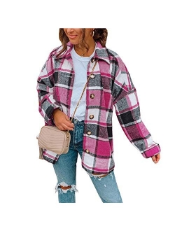 Hixiaohe Women's Casual Wool Blend Plaid Shirt Jacket Loose Button Down Shacket Coat