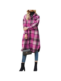 Hixiaohe Women's Casual Wool Blend Plaid Shirt Jacket Loose Button Down Shacket Coat