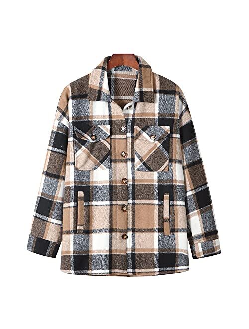 Hixiaohe Women's Casual Wool Blend Plaid Shirt Jacket Loose Button Down Shacket Coat