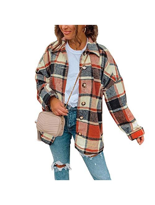 Hixiaohe Women's Casual Wool Blend Plaid Shirt Jacket Loose Button Down Shacket Coat