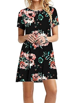 YMING Womens Summer Floral Print Mini Dresses Simple Boho Flowy Dress Short Sleeve T Shirt Dress Plus Size