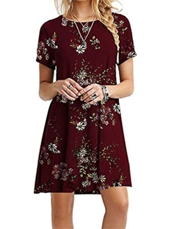 YMING Womens Summer Floral Print Mini Dresses Simple Boho Flowy Dress Short Sleeve T Shirt Dress Plus Size