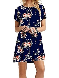 YMING Womens Summer Floral Print Mini Dresses Simple Boho Flowy Dress Short Sleeve T Shirt Dress Plus Size