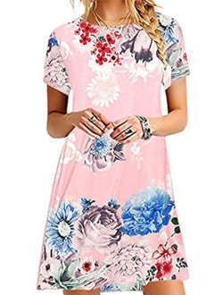 YMING Womens Summer Floral Print Mini Dresses Simple Boho Flowy Dress Short Sleeve T Shirt Dress Plus Size