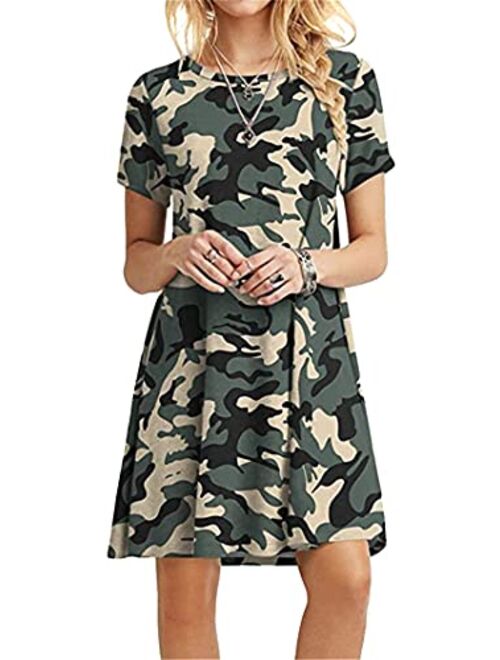 YMING Womens Summer Floral Print Mini Dresses Simple Boho Flowy Dress Short Sleeve T Shirt Dress Plus Size