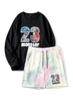 Men Letter Graphic Pullover & Tie Dye Drawstring Waist Shorts